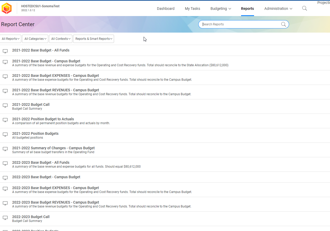 3. You will be redirected to the reports home page. From here, you can access any reports. If you would like a step by step on how to access the position budgets report continue to the steps below.