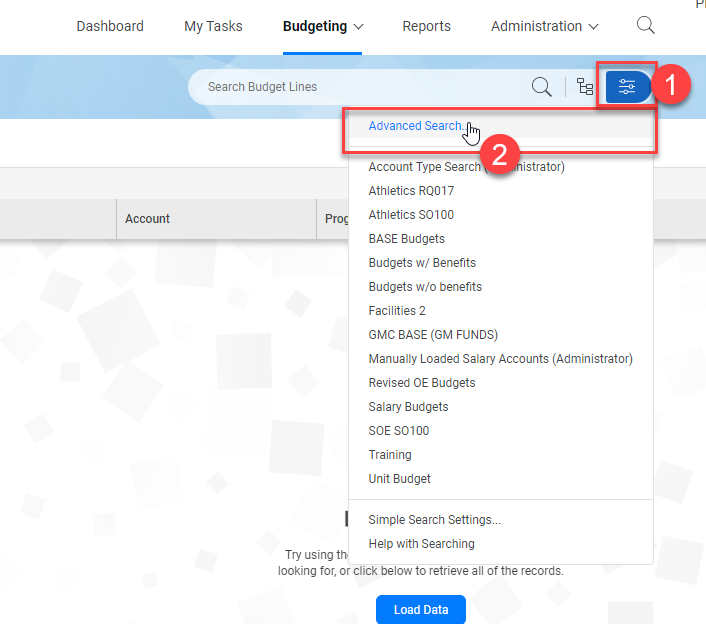 9. If you have no saved reports or would like to create a new one, select Advanced Search from the top of the dropdown (2).