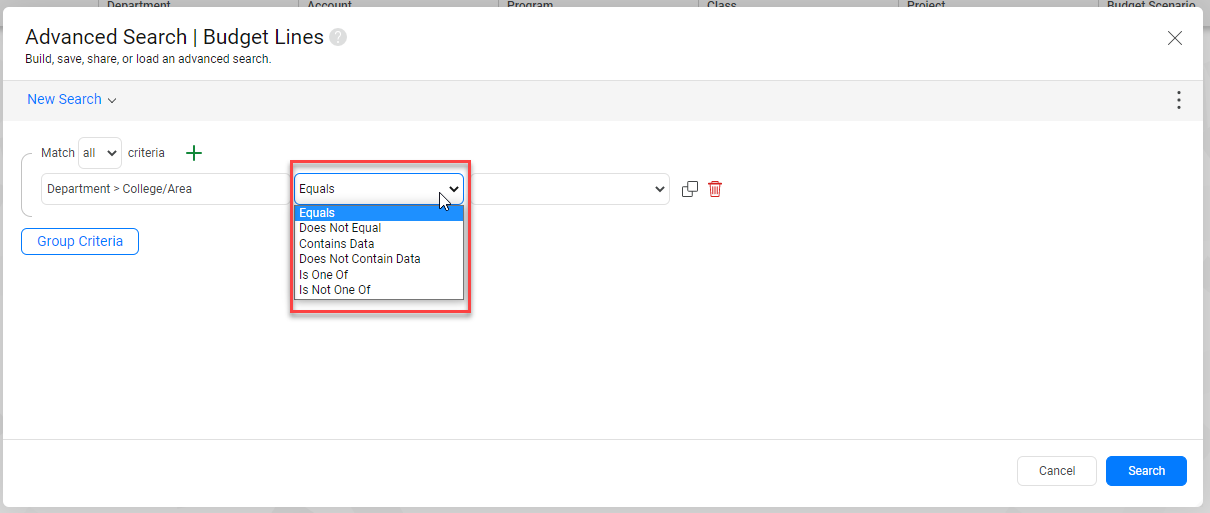 12. In the second search box, select equals from the dropdown.
