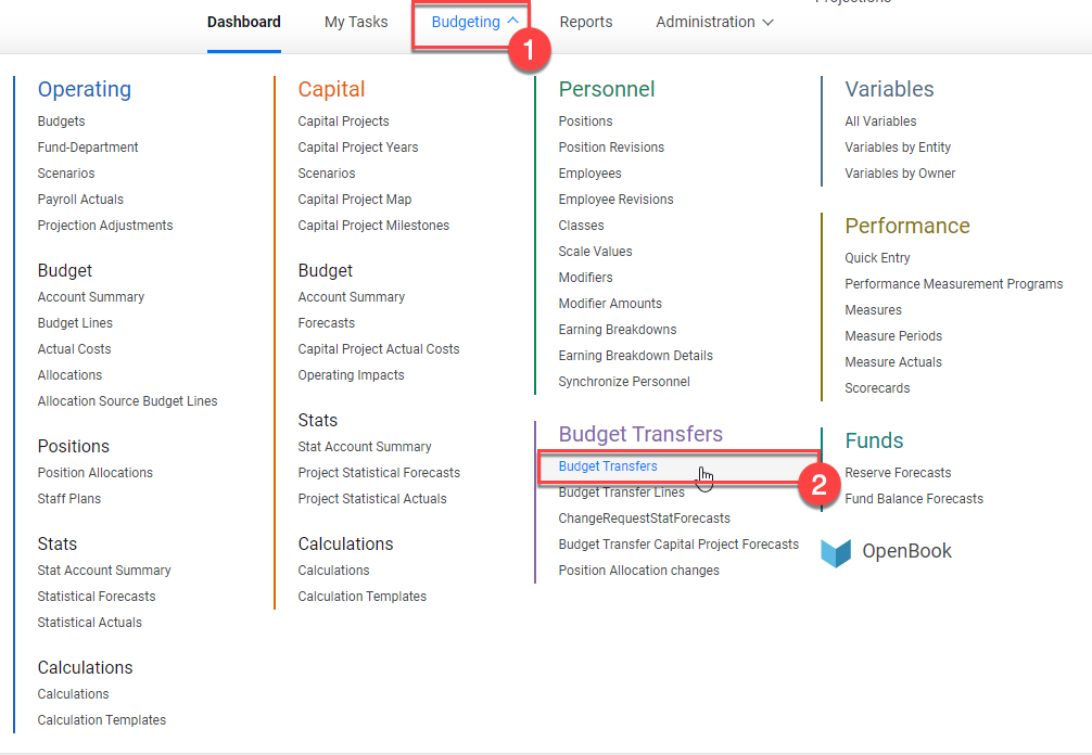 2.Select budgeting (1), then select budget transfers (2).