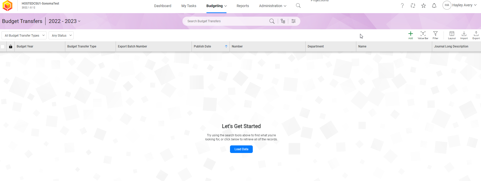 3.Once on the budget transfers page, it will look blank.