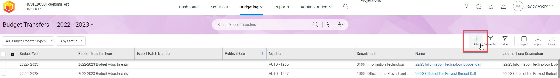 4.To add a new budget transfer, select the Add button at the top right of the screen.
