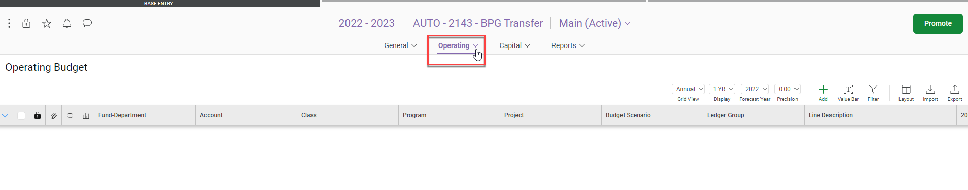 7.A new window should appear with a new budget transfer.