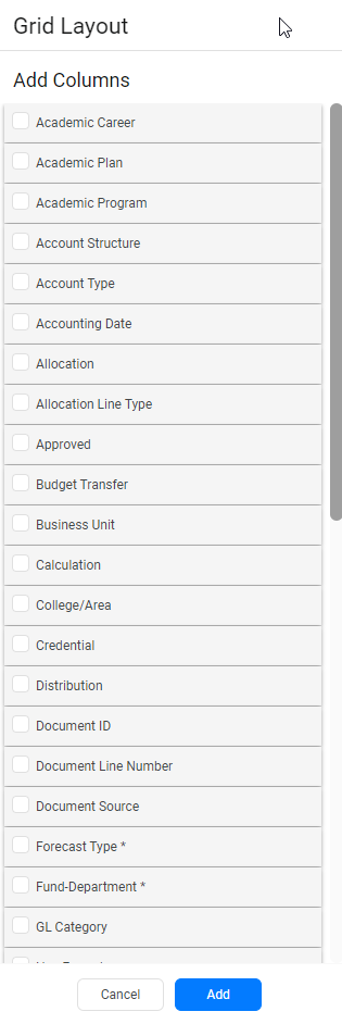 9. Select any fields you would like to add to your group by format, then click add at the bottom of the menu.