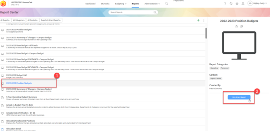 Select the report (1), then select run smart report (2).
