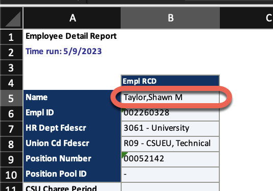 Save file with employee name from cell B5. Example: “Taylor, Shawn M”