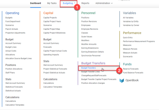 Select budgeting (1), then select budget transfers (2).