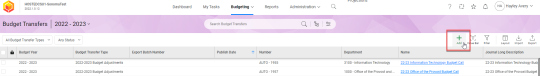 To add a new budget transfer, select the Add button at the top right of the screen.