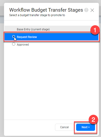 Select request review (1), then next (2).