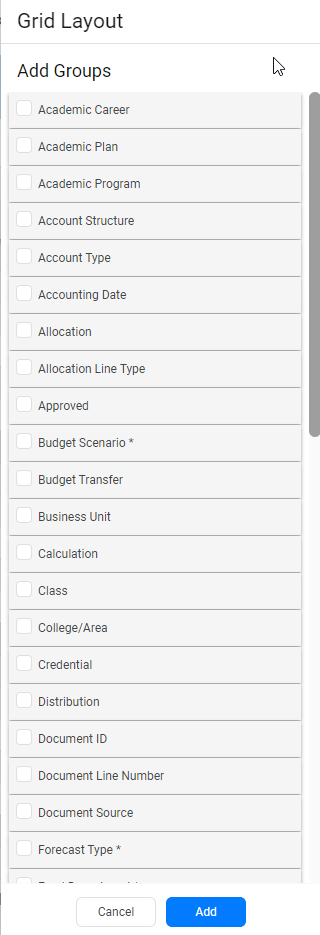 Select any columns you would like to add to your report, then click add at the bottom of the menu.