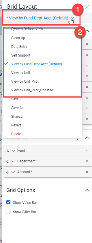 To save, any layout you create, select the dropdown arrow at the top of the Grid Layout menu (1), then select Save As (2).