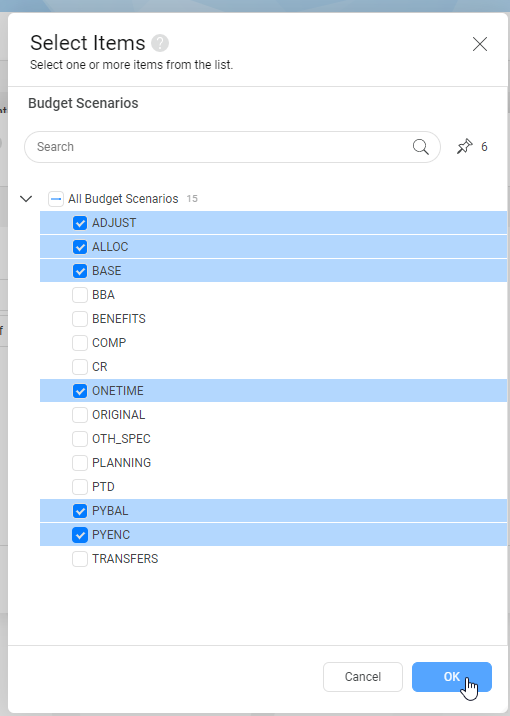 .Select “Adjust”, “Alloc”, “Base”, “Onetime”, “PYBAL”, and “PYENC” to view base and revised budgets