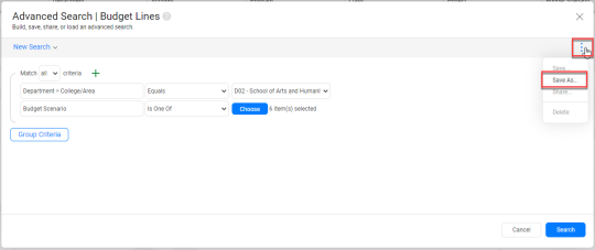 To save this search, select the three dots at the top right, and select Save As.