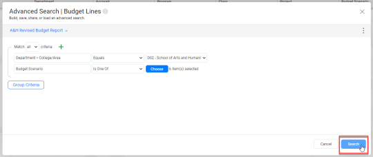 Once saved, select search to apply the search filters.