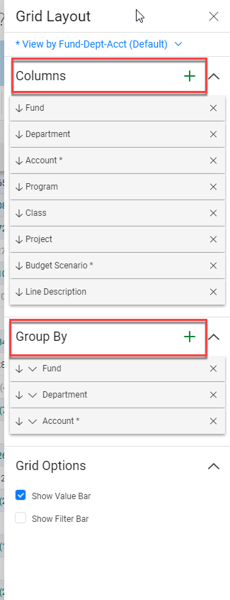  If you wish to add or delete any columns, you can do so under the column section.   To change the order of information, you can add, delete, or move around categories in the Group By section.