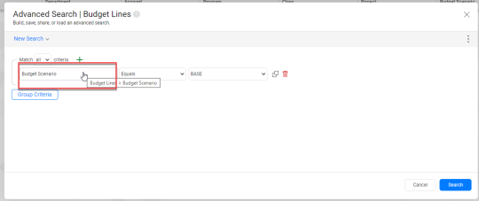Advanced Search criteria field picker