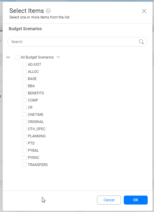 List of available values to search for